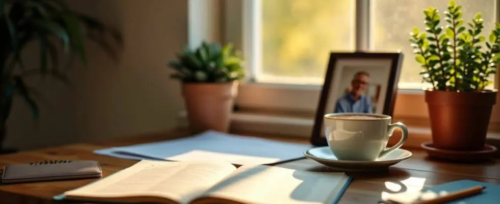 Gemütliche Schreibtischszene mit Kaffeetasse und Pflanze.