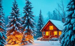 Winterlandschaft mit geschmücktem Haus und schneebedeckten Bäumen.