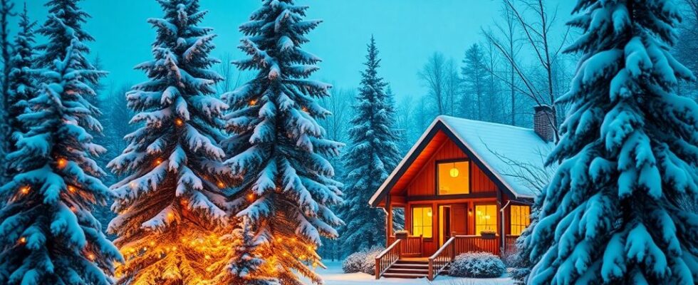 Winterlandschaft mit geschmücktem Haus und schneebedeckten Bäumen.